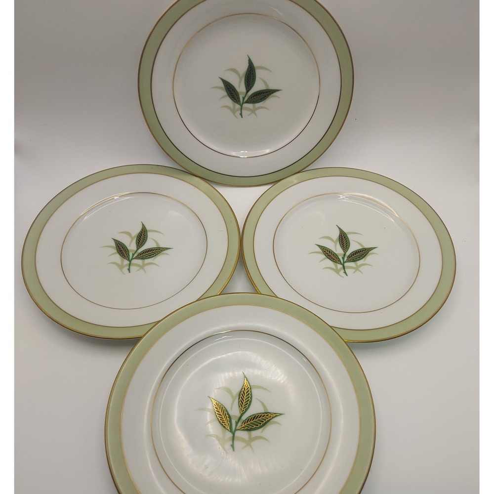 Noritake China Greenbay Salad Plates Set of 4 Gold Leaf Green‎ Trim Vintage
